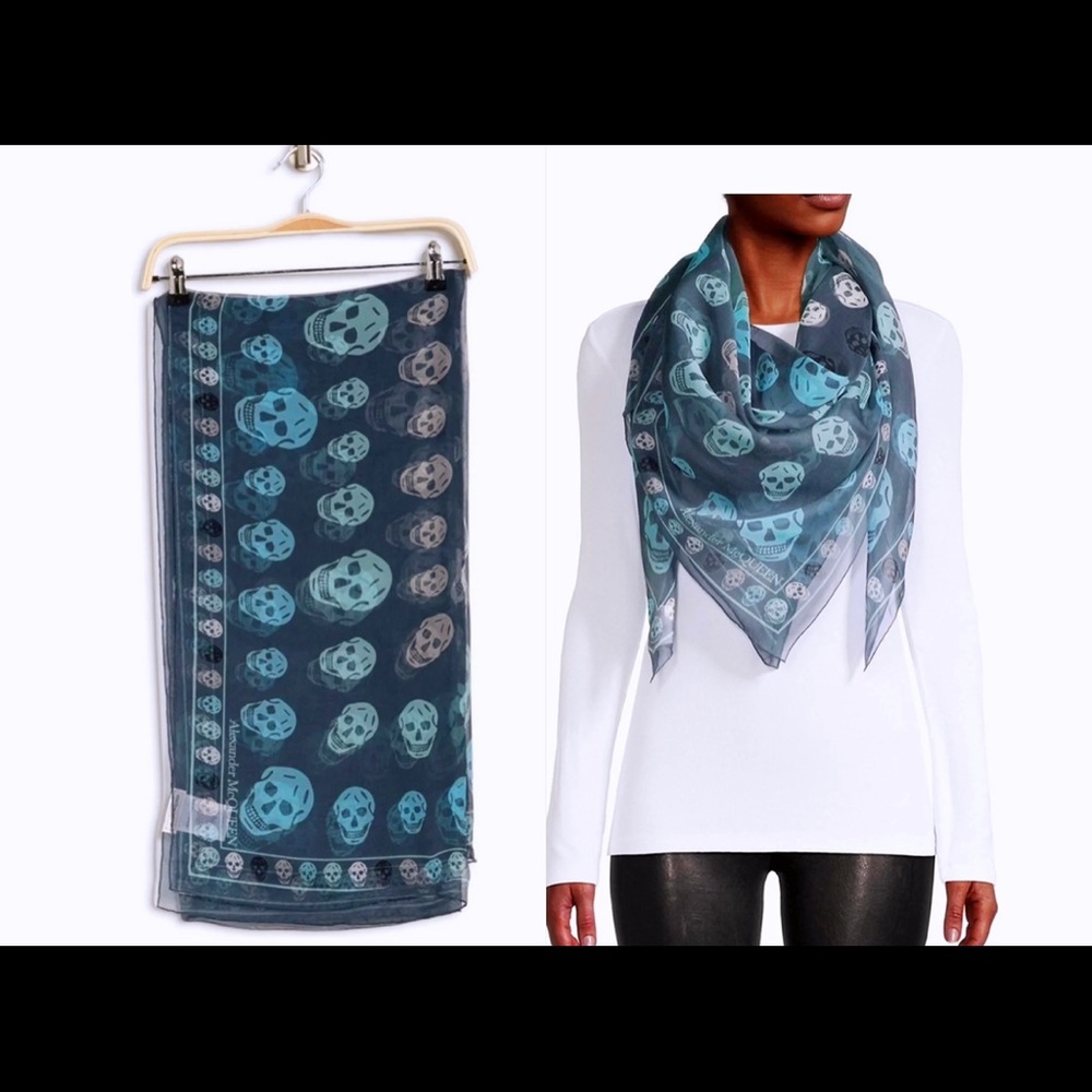 Alexander McQueen blue skull patterned silk scarf